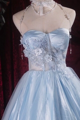 Gorgeous Blue Long Prom Dress Tulle Sweetheart Party Dress A-Line Sleeveless Evening Dress  DP04880