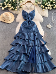 Chic Gray Blue Prom Dress Satin Spaghetti Straps Party Dress Sheath Sleeveless Evening Dress   DP04887