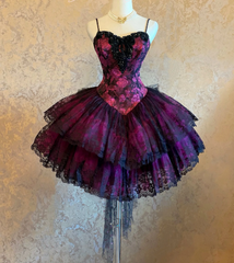 Chic Purple Short Prom Dress Lace Spaghetti Straps Birthday Dress A-Line Sleeveless Evening Dress  DP04893