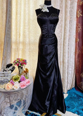 Elegant Black Long Prom Dresses Satin Spaghetti Straps Sheath Evening Dress Sleeveless Birthday Dress DP04906