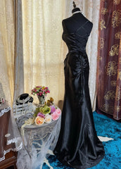 Elegant Black Long Prom Dresses Satin Spaghetti Straps Sheath Evening Dress Sleeveless Birthday Dress DP04906