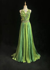 Gorgeous Green Long Prom Dresses Chiffon Beaded V-neck A-Line Evening Dress Sleeveless Birthday Dress DP04907