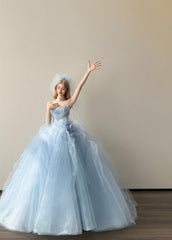 Cute Pale Blue Long Prom Dresses Tulle A-line Evening Dress Strapless  Birthday Dress DP04915