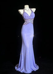 Elegant Lilac Long Prom Dresses Chiffon Beaded V-neck Mermaid Evening Dress Backless Party Dress DP04919