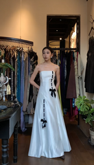 Vintage White Long Prom Dress Strapless A-line Evening Dress Satin Bow Sleeveless Birthday Dress DP04951