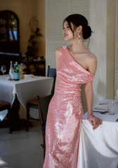 Sexy Pink Long Prom Dress Off-shoulder Sheath Evening Dress Sequins Sleeveless Birthday Dress DP04952