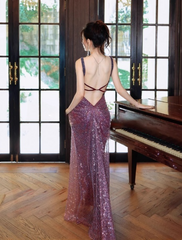 Sexy Purple Long Prom Dress V-Neck Sheath Backless Evening Dress Sequins Tulle Sleeveless Birthday Dress DP04958