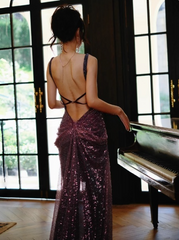 Sexy Purple Long Prom Dress V-Neck Sheath Backless Evening Dress Sequins Tulle Sleeveless Birthday Dress DP04958