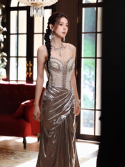 Sexy Champagne Long Prom Dress Sweetheart Sheath Evening Dress Sequins Metallic Satin Sleeveless Birthday Dress DP04960