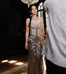 Sexy Champagne Long Prom Dress Sweetheart Sheath Evening Dress Sequins Metallic Satin Sleeveless Birthday Dress DP04960