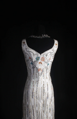 Vintage White Long Prom Dress Straps Mermaid Evening Dress Sequins Beaded Tulle Sleeveless Birthday Dress DP04961