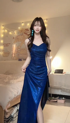 Sparkly Navy Blue Long Prom Dresses Satin Spaghetti Straps Sheath Evening Dress with Slit DP04964