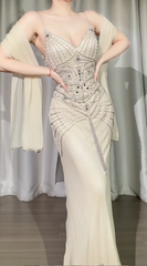 Chic Apricot Long Prom Dresses Beaded Chiffon Sheath Evening Dress  Spaghetti Straps Party Outfit DP04968