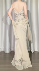 Chic Apricot Long Prom Dresses Beaded Chiffon Sheath Evening Dress  Spaghetti Straps Party Outfit DP04968