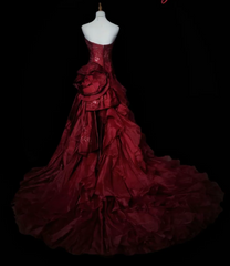 Chic Burgundy Long Prom Dresses Satin Strapless A-Line  Evening Dress   DP04969