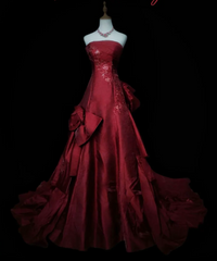 Chic Burgundy Long Prom Dresses Satin Strapless A-Line  Evening Dress   DP04969