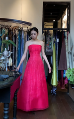 Gorgeous Hot Pink Long Prom Dresses Beaded Tulle Strapless A-Line  Evening Dress   DP04970