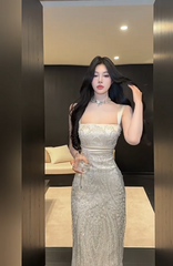 Chic White Long Prom Dress Satin Beaded Straps Sheath Evening Dress Sleeveless Party Dress DP04995