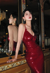 Sexy Burgundy Long Prom Dress Sequins Sheath Evening Dress Sleeveless Birthday Dress DP05022