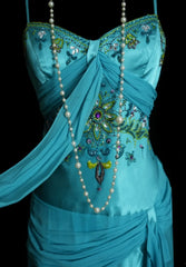 Elegant Turquoise  Prom Dress Satin Beaded Spaghetti Straps Long Evening Dress DP05030