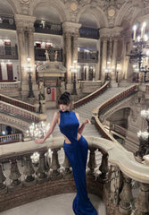 Elegant Blue Prom Dress Satin Sheath Long Evening Dress DP05031