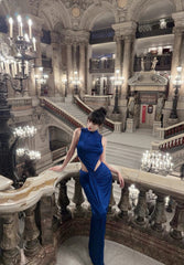 Elegant Blue Prom Dress Satin Sheath Long Evening Dress DP05031