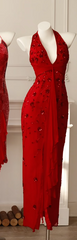 Chic Red Prom Dress V-neck Sheath Evening Dress Chiffon Beaded Sleeveless Party Dress DP05038