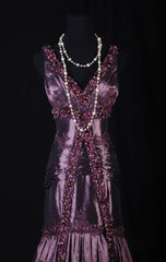 Vintage Grape Prom Dress V-Neck Sheath Evening Dress Satin Beaded Formal Dress DP05056