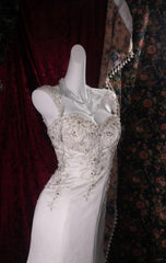 Vintage White Prom Dress Straps Mermaid Evening Dress Satin Beaded Formal Dress DP05057