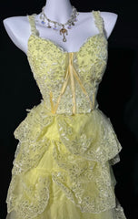 Cute Yellow Prom Dress Spaghetti Straps A-Line Evening Dress Tulle Appliques Sleeveless Party Dress DP05062