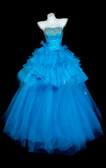 Chic Blue Prom Dress Strapless A-Line Evening Dress Tulle Sleeveless Birthday Dress DP05064