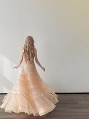 Chic Champagne Prom Dress Strapless A-Line Evening Dress Chiffon Rhinstones Sleeveless Birthday Dress DP05070