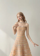Chic Champagne Prom Dress Strapless A-Line Evening Dress Chiffon Rhinstones Sleeveless Birthday Dress DP05070