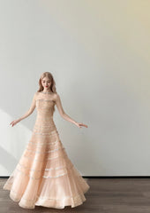 Chic Champagne Prom Dress Strapless A-Line Evening Dress Chiffon Rhinstones Sleeveless Birthday Dress DP05070