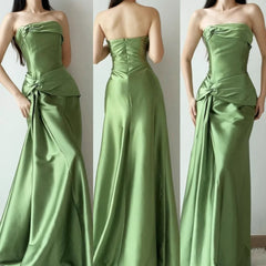 Chic Sheath Green Prom Dress Strapless Satin Sleeveless Evening Dress DP05080