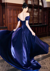Fairy A-Line Navy Blue Prom Dress Satin Sleeveless Evening Dress  DP05086