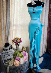 Fairy Sheath Blue Prom Dress Satin Sleeveless Evening Dress DP05088