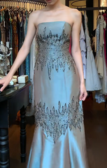 Vintage Gray Green Prom Dress Beaded Satin Strapless Mermaid Evening Dress DP05132