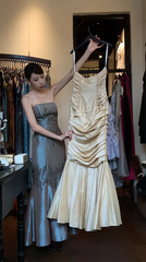 Vintage Gold Prom Dress  Satin Strapless Mermaid Evening Dress DP05133