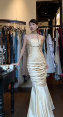 Vintage Gold Prom Dress  Satin Strapless Mermaid Evening Dress DP05133