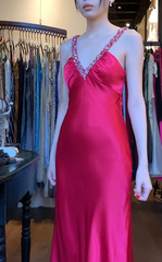 Vintage Hot Pink Prom Dress  Satin V-neck Sheath Evening Dress DP05134