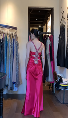 Vintage Hot Pink Prom Dress  Satin V-neck Sheath Evening Dress DP05134