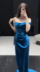 Chic Blue Prom Dress Satin Sheath Sleeveless Evening Dress DP05146