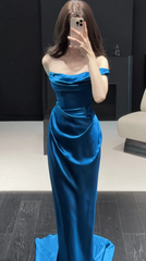 Chic Blue Prom Dress Satin Sheath Sleeveless Evening Dress DP05146