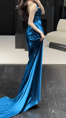Chic Blue Prom Dress Satin Sheath Sleeveless Evening Dress DP05146
