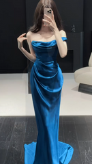 Chic Blue Prom Dress Satin Sheath Sleeveless Evening Dress DP05146