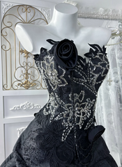 Elegant Black Prom Dress Two-Piece Satin Strapless Evening Dress A-Line Birthday Dress DP05161