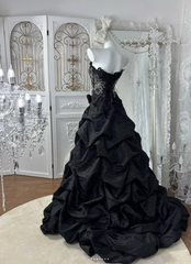 Elegant Black Prom Dress Two-Piece Satin Strapless Evening Dress A-Line Birthday Dress DP05161