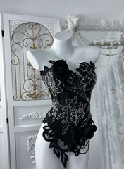 Elegant Black Prom Dress Two-Piece Satin Strapless Evening Dress A-Line Birthday Dress DP05161