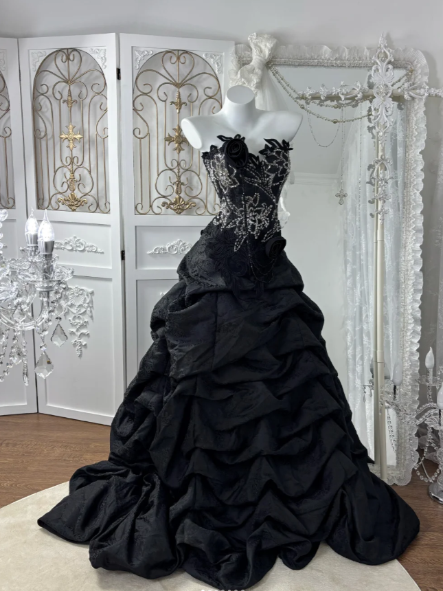 Elegant Black Prom Dress Two-Piece Satin Strapless Evening Dress A-Line Birthday Dress DP05161